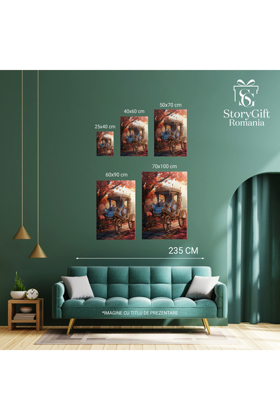 StoryGift Romania Tablou Canvas: Trasura De Lux Aurie Cu Interior Alb Pe Un Drum Cu Frunze Tomnatice Cazute Pic