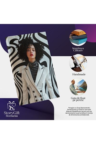 StoryGift Romania Tablou Canvas: Femeie Cu Parul Brunet Cret Si Ruj Rosu In Rochie Neagra Cu Dungi Albe Si Sacou