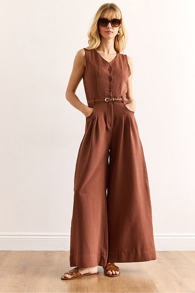Olalook Women's Brown Buttoned Pocket Belted Wide Leg Jumpsuit Tlm-19000157