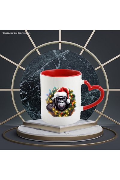 StoryGift Romania Mug with a gorilla wearing a Christmas hat, illustration, tableware, lights, celebration, With ,STG