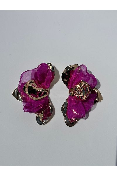 MFM STORE Gold Metal Tulle Detailed Flower Earrings