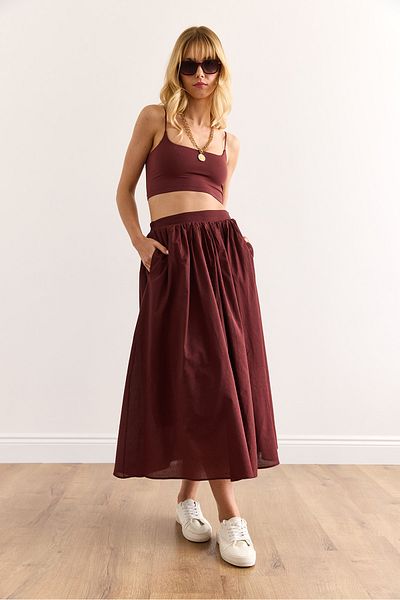 Olalook Women's Burgundy Lined Side Zipper Cotton Midi Voile Skirt Etk-19000319