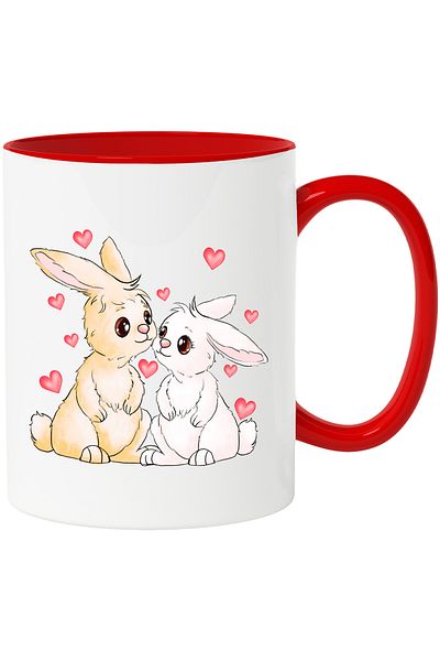 StoryGift Romania Mug with 2 bunnies, Valentine's Day, illustration, red hearts, love, sympathy, With, STG.