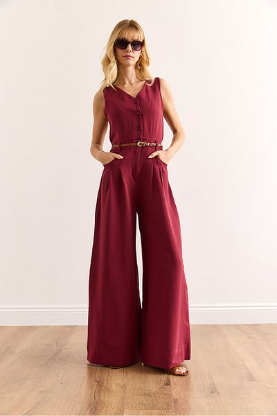 Olalook Women's Burgundy Buttoned Pocket Belted Wide Leg Jumpsuit Tlm-19000157