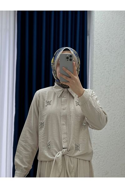 Ebrar Store Dilfuruz Shirt with Stones and Tie-Up Skirt Suit-Mf510 Stone