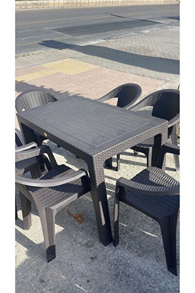 NetBazaars Plastik Sabit Masa 70x120 Rattan Efektli Acı Kahve Plastik Sandaly...