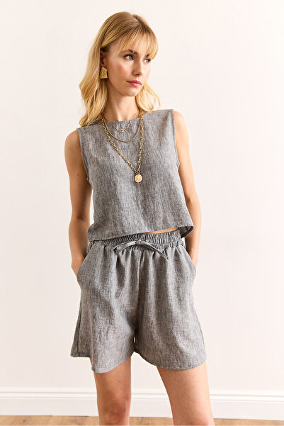 Olalook Women's Anthracite Top Back Buttoned Blouse Bottom Pocket Shorts Set Tkm-19000384