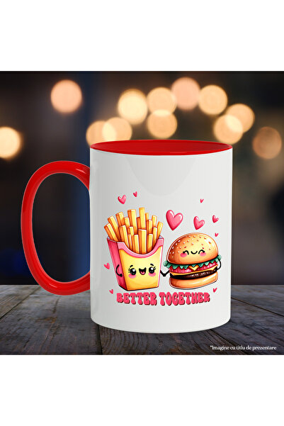 StoryGift Romania Mug with a serving of fries and a burger holding hands with the message, With,STG.