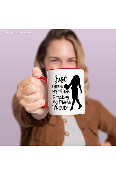 StoryGift Romania Mug with a woman's figure and the message "I'm just following my dreams and being a mom, With,STG.