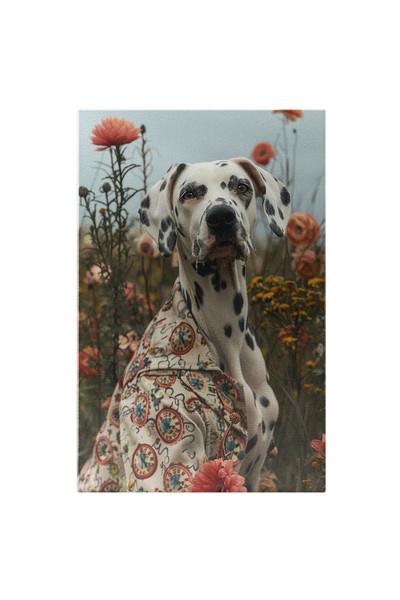StoryGift Romania Tablou Canvas Câinele Dalmațian Îmbrăcat În Haina Cu Ceasuri Dintre Flori Pastelate , Pictura