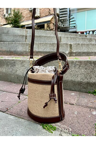 EBROU Brown Women's Wicker Zra Bucket Model Hand and Shoulder Bag