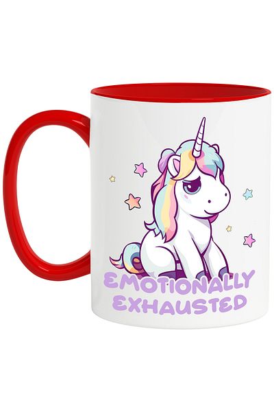 StoryGift Romania Mug with a sad unicorn | illustration | message "Emotionally exhausted" | illus, With ,STG .