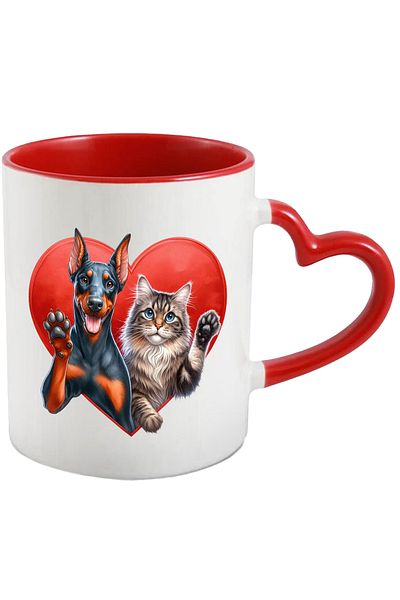 StoryGift Romania Mug with a cat and a dog | illustration | handmade | heart-shaped frame, With ,STG.
