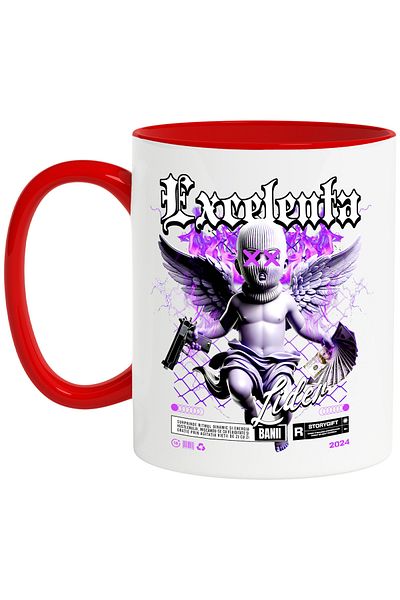 StoryGift Romania Angel Mug with Money and Gun - Excellence, Leader, 330ml, Ceramic with Red Handle, With Handle, STG.