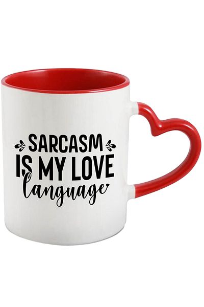 StoryGift Romania Mug with heart and the text "Sarcasm is my language of love" with Heart Handle, With, STG.
