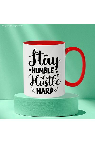 StoryGift Romania Mug with stars and the text "Stay humble, hustle hard" - stay modest, hustle hard, with STG.