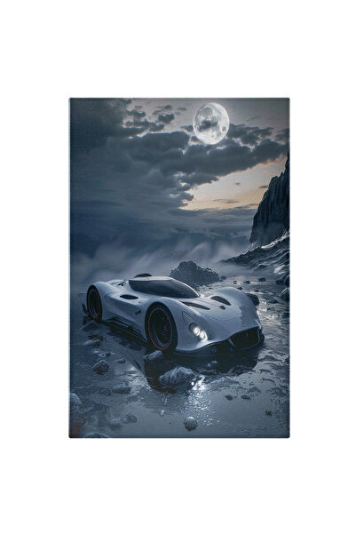 StoryGift Romania Tablou Canvas: Mașină Futuristică Albă Cu Faruri Aprinse Și...