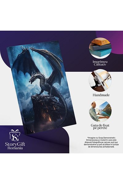 StoryGift Romania Tablou Canvas: Dragon Pe Varful Muntelui - Fantasy Creatura Mitica Pictura Digitala
