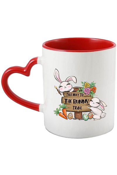 StoryGift Romania Mug with 2 cheerful bunnies with the message "This way to the bunny trail", Happy Easter, With ,STG.