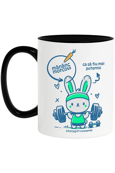 StoryGift Romania Bunny lifting weights gym motivational mug, 330ml, Ceramic with Black Handle, With,STG.
