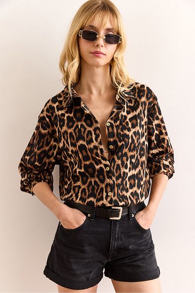 Olalook Women's Black Draped Leopard Shirt Gml-19001348