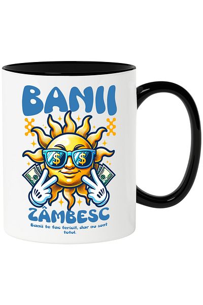 StoryGift Romania Sun mug with glasses money is not everything, 330ml, Ceramic with Black Handle, With Handle, STG.