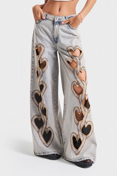 its basic Blugi de damă, culoare inimă, brodate cu design special Palazzo Fit, blugi din denim cu talie medie