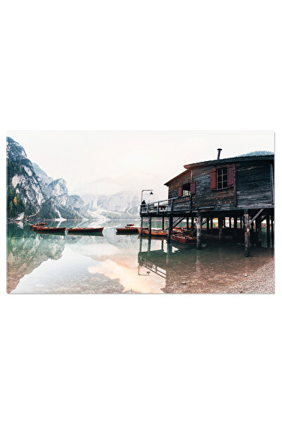 StoryGift Romania Tablou Canvas, Peisaj De Vara Cu Barci La Ponton Si Munti -...