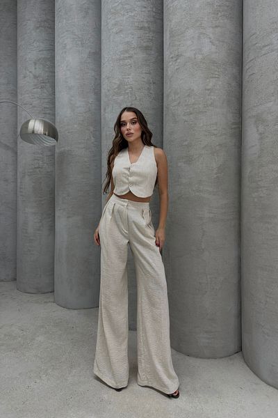 Bliss Women's Cream Linen Bottom Top Set – Wide Leg Pants & Vest
