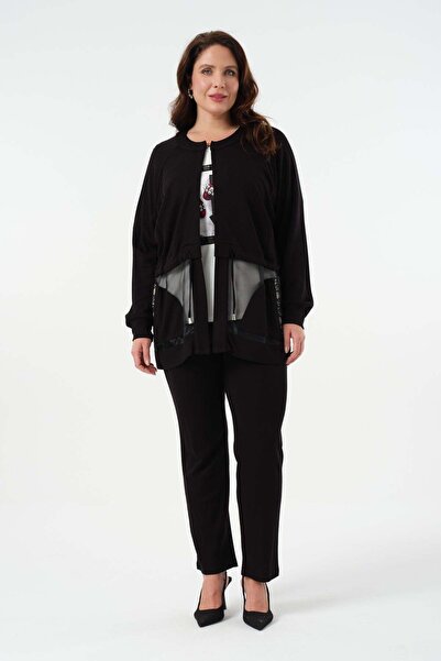 Gemko Mesh Detailed Cardigan Printed Blouse Trousers 3 Piece Set - Black