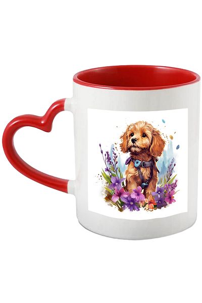 StoryGift Romania Mug with a furry puppy in nature, illustration, outside, flowers, purple, plants, li, With ,STG.