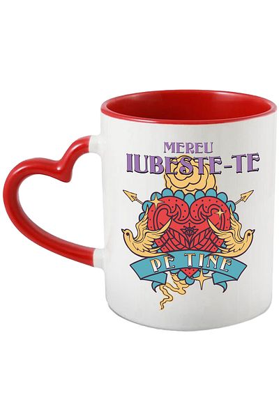 StoryGift Romania Heart Mug with Doves Arrow Always Love You, 330ml, Ceramic with Heart Handle, With,STG.