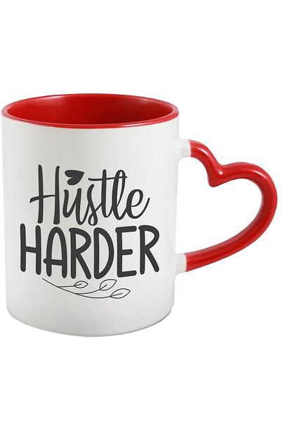 StoryGift Romania Mug with a message that encourages you to work harder/harder with a Red Heart Handle, with ,STG.