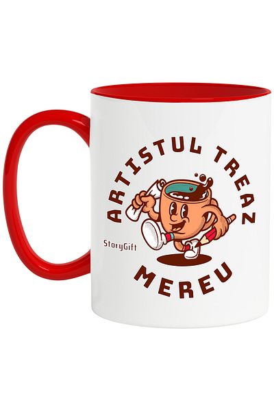 StoryGift Romania The Artist is Always Awake Mug, Painter Coffee Cup, 330ml, Ceramic with Red Handle, With M,STG.