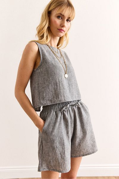 Olalook Women's Anthracite Top Back Buttoned Blouse Bottom Pocket Shorts Set Tkm-19000384