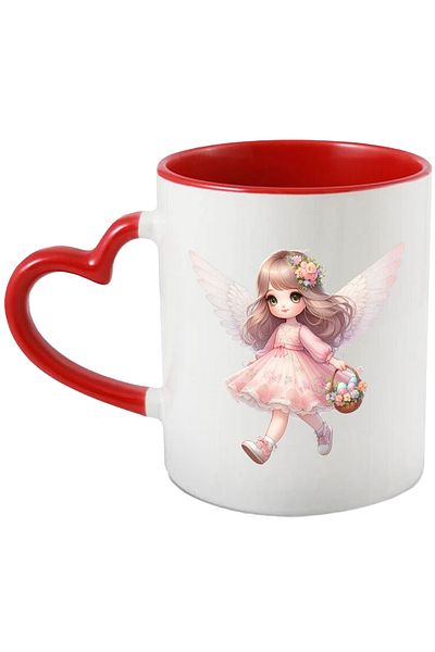 StoryGift Romania Mug with a little girl with angel wings, illustration, flowers in her hair, dress, basket with, With, STG.