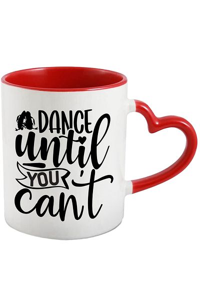 StoryGift Romania Mug with a message that urges you to dance until you can't anymore with Heart Handle R, Cu, STG.