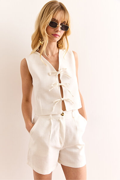 Olalook Γυναικείο λινό γιλέκο με λεπτομέρεια από λευκό δαντέλα YLK-19000069