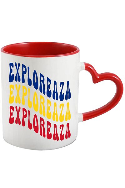 StoryGift Romania The Word Explore Mug, in the Colors of the Romanian Flag, Red, Yellow, Blue, with STG.