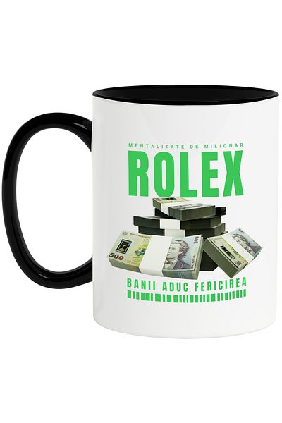 StoryGift Romania _Rolex_ Mug - Money Brings Happiness, 330ml, Ceramic with Black Handle, With Black Handle S,STG.