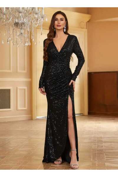 MODAS UZUN KOLL KRUVAZE YAKA YİRTMAÇLİ PULPAYET ABİYE ELBİSE