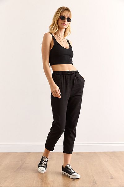 Olalook Women's Black Elastic Waist Tasseled Gabardine Carrot Trousers Pnt-19000343