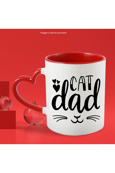 StoryGift Romania Mug with illustration showing hearts and a kitty's muzzle with the message "Cat dad" c, Cu,STG.