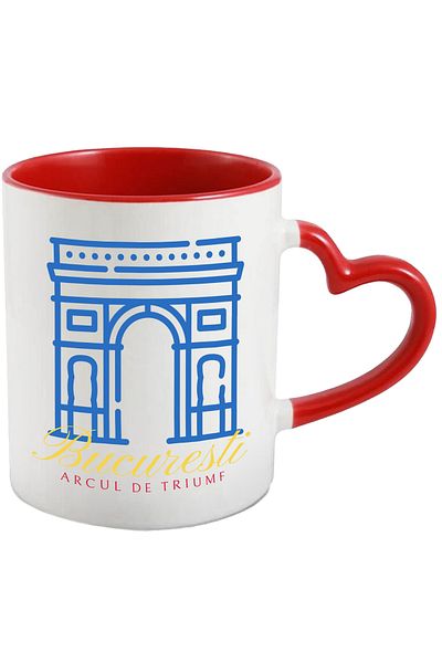 StoryGift Romania BUCHAREST Mug - Arc de Triomphe, 330ml, Ceramic with Red Heart Handle, With Heart Handle, STG.