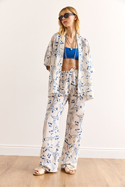 Olalook Women White Blue Top Kimono Bottom Pocket Palazzo Pants Suit Tkm-19000382