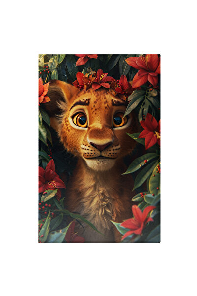 StoryGift Romania Tablou Canvas: Desen Animat Cu Un Pui De Leu Si Flori Rosii...