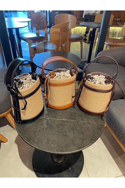 EBROU Brown Women's Wicker Zra Bucket Model Hand and Shoulder Bag