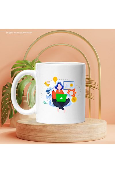 StoryGift Romania Cana Cu Laptop, Mail, Moneda, Financiar, Avion, Multicolor 330 ml, Ceramica cu M, Cu ,STG