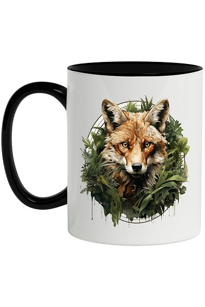 StoryGift Romania Mug With Fox, Leaves, Circle, Plants, Foliage, Wild Animal, Multicolor 330 ml,, With ,STG.