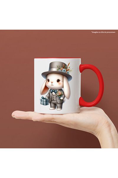 StoryGift Romania Mug with a bunny in a costume, illustration, hat, gift, bouquet of flowers, but p, With ,STG